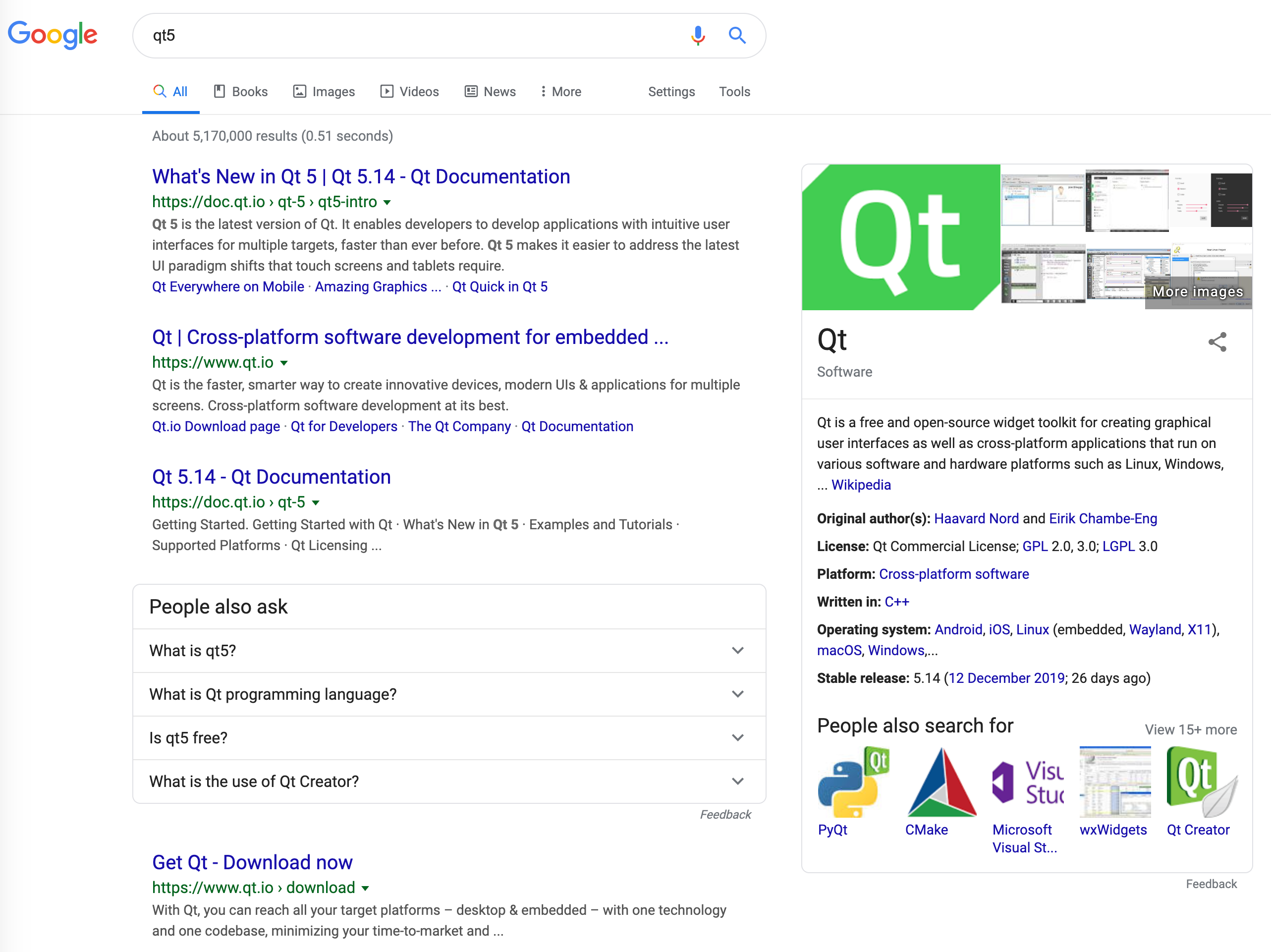 Recherche qt5 sur Google